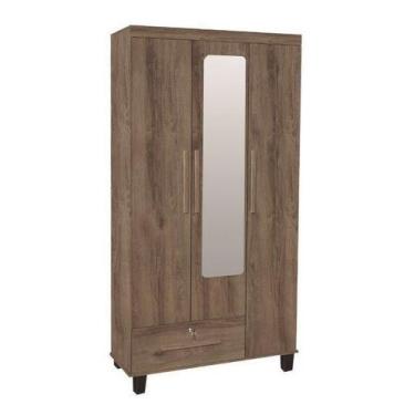 Imagem de Roupeiro Solteiro 3 Portas + 1 Gaveta C/ Espelho Cor Teca - Trinobel