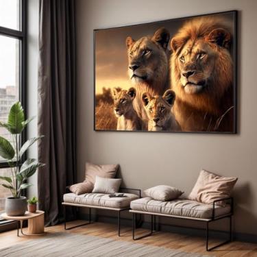 Imagem de Quadro com Moldura Sala Quarto 40x60 Família de Leão Leões Filhote Decorativo Horizontal Grande Hall