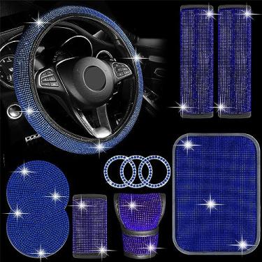 Imagem de MINGZAIQIPEI Conjunto de acessórios de carro com 11 peças, capa de volante brilhante para mulheres, ajuste universal, 38 cm, capa de console central de strass (azul)