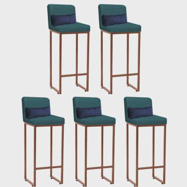 Imagem de Kit 05 Banqueta Alta com Encosto Lucca Industrial Cozinha Balcão Ferro Bronze Suede Azul Turquesa e Almofada Azul Marinho - Ahz Móveis