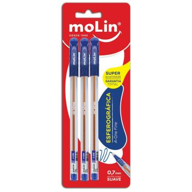 Imagem de Caneta Esferográfica Ponta Fina 0,7mm 3 Unidades Molin Corpo Sextavado