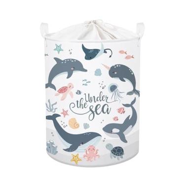 Imagem de HUUMONSS Cesto de roupa suja dobrável para bebês animais marinhos cesta de armazenamento grande para meninos meninas caixa de brinquedo para quarto de bebê, golfinhos azuis, 63L