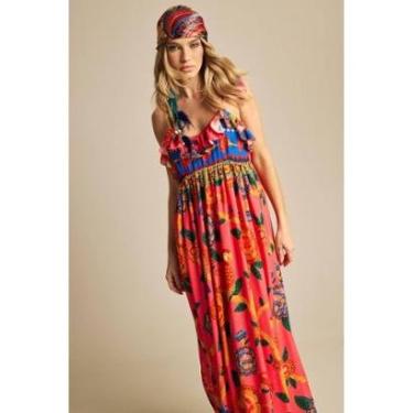 Imagem de Vestido Longo De Alças Reguláveis Com Babadinhos Rosa Estampado Yacamim E17-Feminino