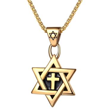 Imagem de OIDEA Colar de estrela de Davi para homens e mulheres: colares com pingente de cruz hexagonal de aço inoxidável, joias religiosas, judaicas, presente, Aço inoxidável, Sem Pedra Preciosa