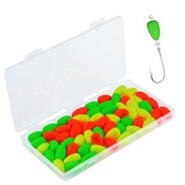 Imagem de EQUIJUANCE Pacote com 65 boias de pesca - Pompano Rigs Flutuam Catfish Rigs com cores de alta visibilidade, flutuadores de espuma de pesca com bala para plataformas de bagre truta Walleye (três cores