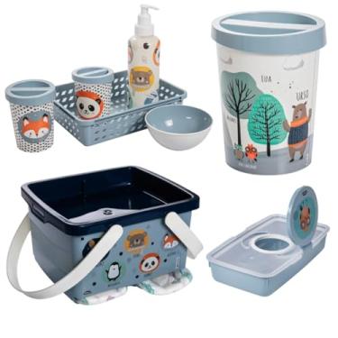 Imagem de Kit Higiene Bebê 4 Pçs Plasútil Lixeira Porta Fraldas Lenços (Bichinhos Menino)