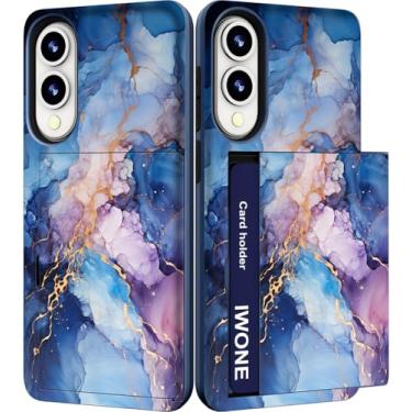 Imagem de IWONE Capa para celular compatível com Samsung Galaxy S25 Edge fofa com suporte para cartão/carteira à prova de choque para mulheres - azul rosa mármore pedra natural redemoinhos pintura abstrata