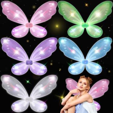 Imagem de 5 peças de asas de fada de borboleta LED asas de fada transparente fantasia asa de princesa com glitter, asas coloridas para cosplay festa de elfo, festas de aniversário, festa de Natal chique