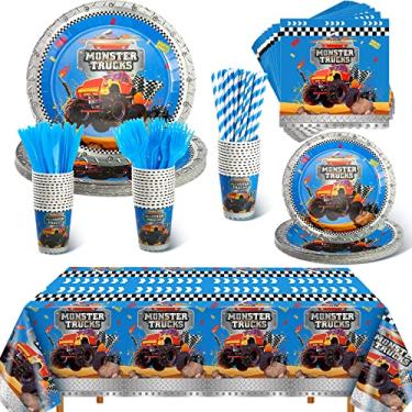 Imagem de 176 peças de artigos de festa de caminhão, conjunto de talheres inclui toalha de mesa de festa capa de caminhão pratos de papel guardanapos copos faca de garfo de palha para caminhões decorações de aniversário descartáveis, crianças, meninos