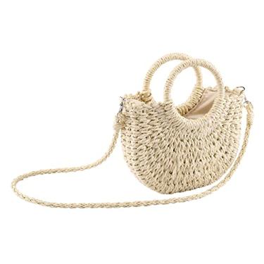 Imagem de CHIC DIARY Bolsa feminina pequena de palha de praia de verão com alça superior e alça de ombro mini bolsa clutch de vime tecida à mão, Bege, One Size