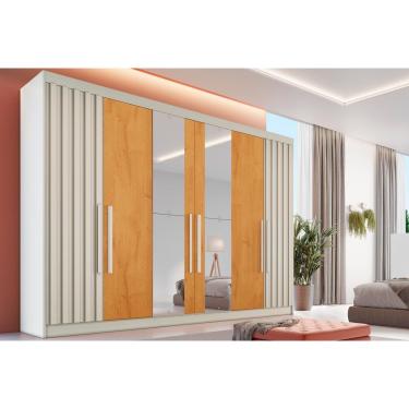 Imagem de Guarda Roupa 6 Portas (2 Ripadas e 2 c/ Espelho) e 6 Gavetas Potente Off White/Peroba - Europa