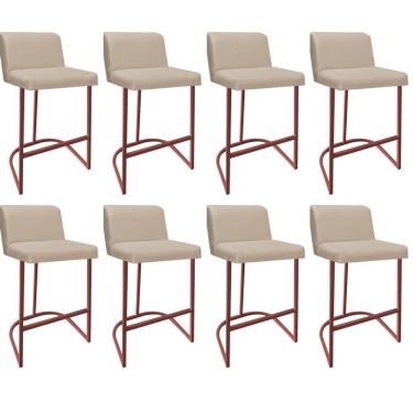 Imagem de Kit 08 Banquetas Com Encosto Noah Luxo Confort Bistrô Cozinha Ferro Bronze Corino Bege - Amey Decor