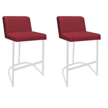 Imagem de Kit 02 Banquetas Com Encosto Confort Bistrô Cozinha Ferro Branco Suede Vermelho - Amey Decor