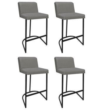 Imagem de Kit 04 Banquetas Com Encosto Noah Luxo Confort Bistrô Cozinha Ferro Preto Linho Cinza - Amey Decor