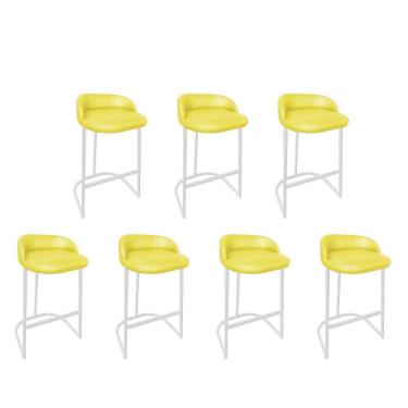 Imagem de Kit 07 Banqueta Betyna Com Encosto Alta Cozinha Bar Balcão Ferro Branco Corino Amarelo - Amey Decor