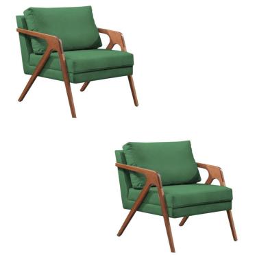 Imagem de Kit 2 Poltronas Decorativa Mona Luxo Linho Verde Base Madeira Maciça