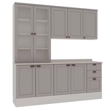 Imagem de Cozinha Modulada Compacta 4 Peças Com Armário Aéreo 2 Portas Vidro 100% Mdf Com Tampo Impermeável Branco Fendi