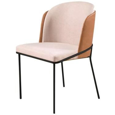 Imagem de Cadeira Aurora Linho Bege Couro Caramelo Metal Preto