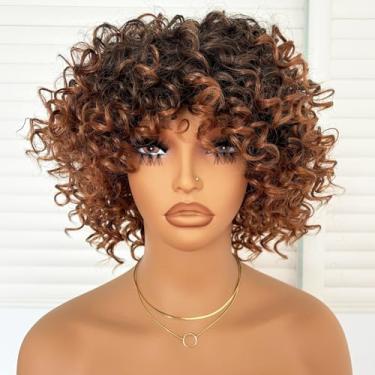 Imagem de Charming cascade Peruca Curta Cacheada Com Franja, Bob Solta Marrom Ombré, Cachos Sintéticos Resistentes Ao Calor De 15 Cm, Cheia Para Afro-Americanos