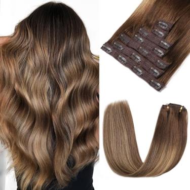 Imagem de Rimoss Extensões De Cabelo Com Clipe Para Humano Real - 24" 7 Peças, Marrom Chocolate Ombré A Loiro Caramelo, Cor Balayage Suave E Lisa Mulheres