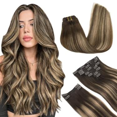 Imagem de MAXITA Extensões De Cabelo Com Clipe Em Humano Natural, Balayage Castanho Chocolate A Loiro Caramelo, 9 Peças 18 Polegadas, 150 G Espessura, Liso, Longo, Remy