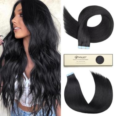 Imagem de TANJET Extensões De Cabelo Com Fita Adesiva - 20" Liso Preto Azeviche, Trama Invisível Remy, Pele Humana Sem Costura (Nº 1 50G/Pacote 20 Unidades)