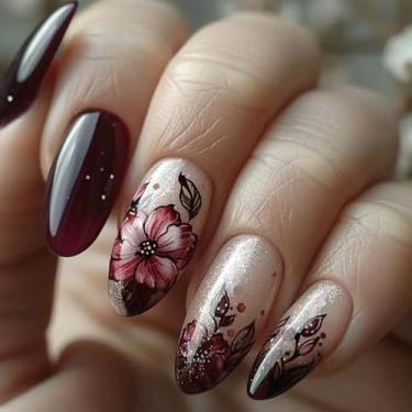 Imagem de RTKHFZE Unhas Postiças De Acrílico Com Estampa Amêndoa Vermelha, Médias, Desenhos Florais - 24 Adesivos Para Manicure Feminina