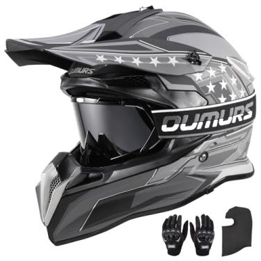 Imagem de Oumurs Capacete Dot Para Motociclista Adulto Com Óculos, Luvas E Máscara, Viseira Solar Ajustável, Motocicleta, Quadriciclo, Off-Road, Motocross, Downhill, Ciclomotor, Mx, Bmx, Unissex, - 188 Black