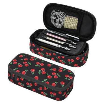 Imagem de HKHEHOP Estojo De Lápis Vermelho Cereja Preto, Bolsa Armazenamento Grande Capacidade, Bolsas Papelaria Com Zíper, Porta-Canetas Portátil, Caixa Organizadora Para Meninos, Estudantes, Faculdade, Esco