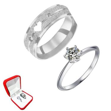 Imagem de Aliança 6mm Prata Coração Brilhos Risco Pedra Zirconia + Solitario Pra