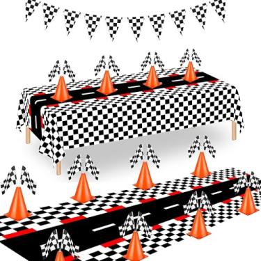 Imagem de YOELVN Cones de trânsito laranja de 17,78 cm decoração de festa com bandeiras quadriculadas de corrida, cones de plástico de treinamento esportivo de segurança de 28 cm com bandeiras de corrida,