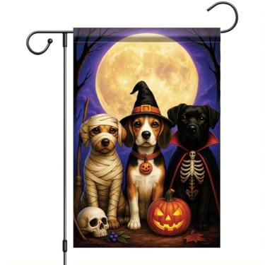 Imagem de Starlit Patio Halloween outono jardim bandeira fantasia cachorro bandeira 30,5 x 45,7 cm dupla face beagle labrador múmia esqueleto bruxa abóbora quintal banner outono decoração ao ar livre varanda