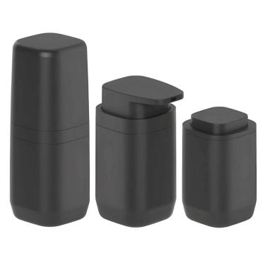 Imagem de Kit Banheiro 3pç Porta Escova Cotonete Algodão + Dispenser Sabonete 380ml Preto - Aura Ou 