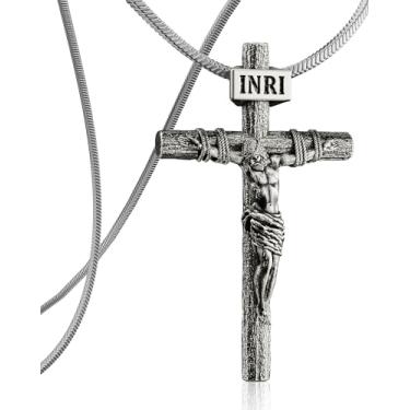 Imagem de ZENLUNANO Colar de crucifixo católico para homens e mulheres, colar de cruz de prata antiga com pingente requintado de Jesus, corrente de cobra de aço inoxidável elegante de 45 a 76 cm, joia cristã