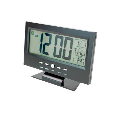 Imagem de Relogio De Mesa Digital Lcd Led Acionamento Sonoro Despertador Termometro Preto
