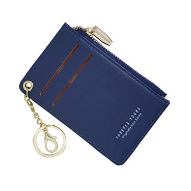 Imagem de Carteiras pequenas para mulheres, estojo de cartão de couro fino carteira bolsa de troca de moedas com chaveiro, Azul marinho, P