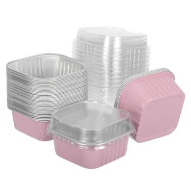 Imagem de HARFINGTON Pacote com 40 mini formas de bolo descartáveis de 142 g com tampas folha de alumínio rosa quadrada para assar cupcake copos de sobremesa lata para festa de aniversário