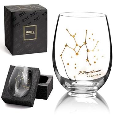 Imagem de HOHY Taça de vinho do zodíaco Sagitário - 590 ml, sem haste de cristal, constelação de estrelas, presente de astrologia para mulheres e homens