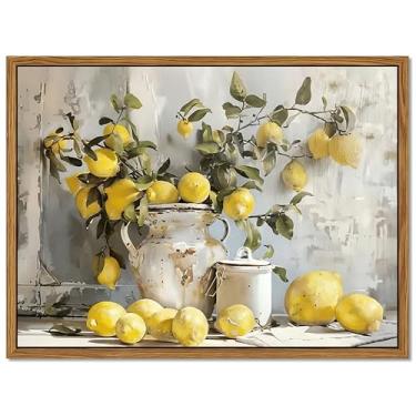 Imagem de Decoração de parede de cozinha de limão emoldurada para sala de jantar - arte de parede de cozinha de limão amarelo francês mostarda vintage, pinturas a óleo rústicas, pôsteres para banheiro, sala de