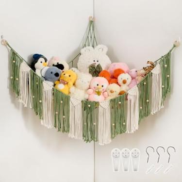 Imagem de Pretty Jolly Rede de armazenamento para pendurar macramê, organizador de canto boho de 150 cm com borlas e miçangas, suporte de pelúcia de bicho de pelúcia para decoração de quarto de crianças (verde