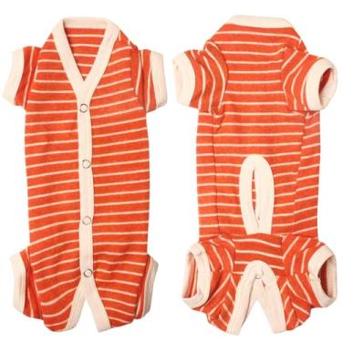 Imagem de TONY HOBY Pijama de cachorro feminino/masculino listrado com 4 leggings para cachorro macacão de algodão macio roupas para cães (PP, laranja + branco-meninos)