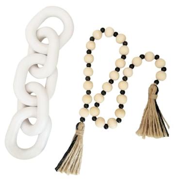 Imagem de EMINGSKY 2 peças decorativas 5 elos de corrente de madeira decoração e contas boho casa de fazenda rústica decoração de mesa para casa prateleira de mesa de centro estética moderna mesa decoração de