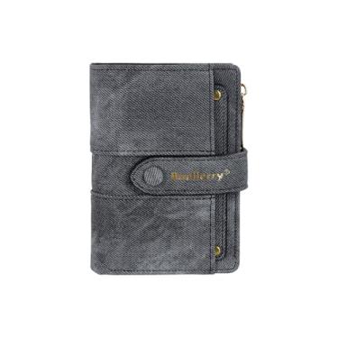 Imagem de MultiValue Carteiras femininas, carteiras femininas de couro PU com duas dobras finas e compactas, porta-cartões com fecho de correr, porta-moedas, para guardar cartões de dinheiro, Preto, Retrô