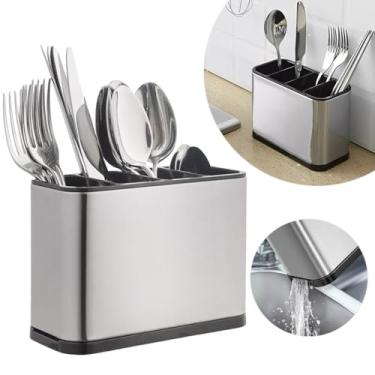 Imagem de Porta-Talheres Escorredor de Inox com 4 Divisórias – Organizador Compacto e Durável para Pia, Cozinha ou Lavabo, Ideal para Facas, Colheres, Garfos e Utensílios