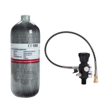 Imagem de TUXING Tanque de ar de fibra de carbono 4500psi 2L/122ci (garrafa vazia) estação de enchimento de paintball com dois medidores de pressão até com mangueira de alta pressão de 61 cm M18 x 1,5