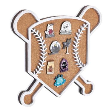 Imagem de NBEADS Bandeja de cortiça com exibição de pinos, quadro de boletim de madeira em forma de beisebol montado na parede, quadro de avisos para armazenamento de broches, decoração de festivais de