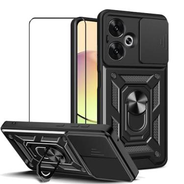 Imagem de CNPUTAO Capa para Oppo A5 4G/A5 5G com protetor de tela de vidro temperado, janela deslizante para câmera, suporte, capa de telefone de camada dupla antiarranhões à prova de choque, preta