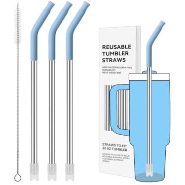 Imagem de Prurex Canudos de metal reutilizáveis com ponta de silicone para Stanley 850 g, canudos de aço inoxidável para copo de 850 g, 3 tubos retos e 6 pontas e 1 escova Cleanr (cambraia)