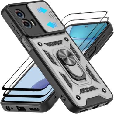 Imagem de AKINIK Capa para Motorola Moto G 5G 2023, com protetor de tela de vidro temperado [2 peças] e capa de câmera deslizante, suporte de anel de rotação de 360° [grau militar] capa (prata)