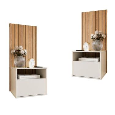 Imagem de Kit 2 Mesas De Cabeceira Suspensa Efeito Ripado Cross Freijó - Movelove